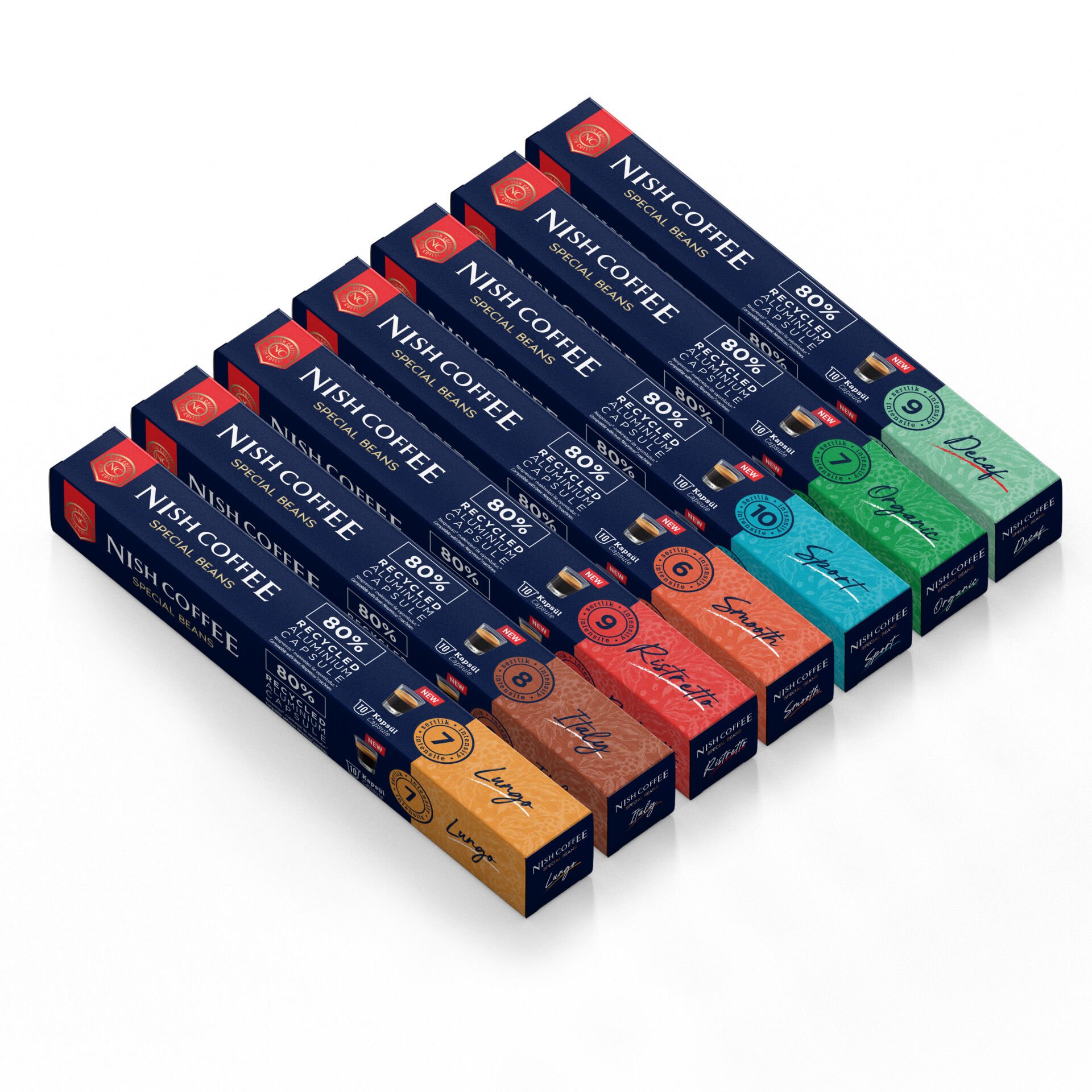 Nish Coffee Nespresso Uyumlu Kapsül Kahve 7'li Set (Lungo,Italy,Risteretto,Smooth,Sport,Organik,Decaf)-70 Adet