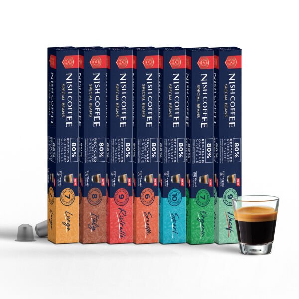Nish Coffee Nespresso Uyumlu Kapsül Kahve 7'li Set (Lungo,Italy,Risteretto,Smooth,Sport,Organik,Decaf)-70 Adet
