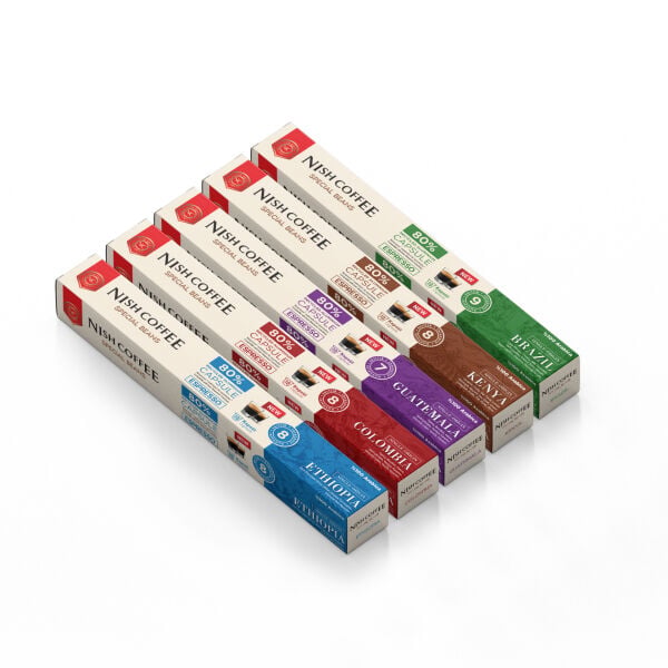 Nish Coffee Single Orijin Kapsül Kahve 5'li Set (Ethiopia,Colombia,Guatemala,Kenya,Brasil)-50 Kapsül