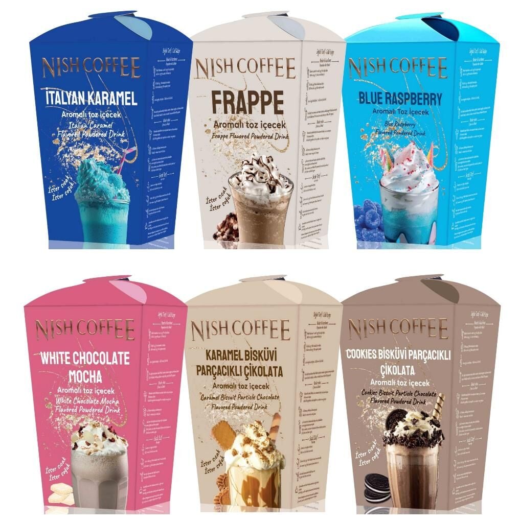 Nish 6'lı Toz İçecek Seti (Frappe-White Chocolate Mocha-Cookies Bisküvi Parçacıklı Çikolata-Karamel Bisküvi Parçacıklı-Blue Raspberry-İtalyan Karamel)