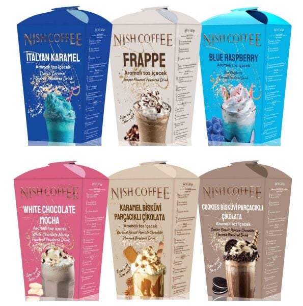 Nish 6'lı Toz İçecek Seti (Frappe-White Chocolate Mocha-Cookies Bisküvi Parçacıklı Çikolata-Karamel Bisküvi Parçacıklı-Blue Raspberry-İtalyan Karamel)