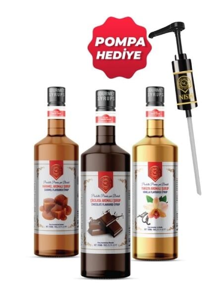 Nish Vanilya,Karamel,Çikolata Aromalı Şurup 3 x 700 ML - Pet Şişe + Pompa Hediyeli