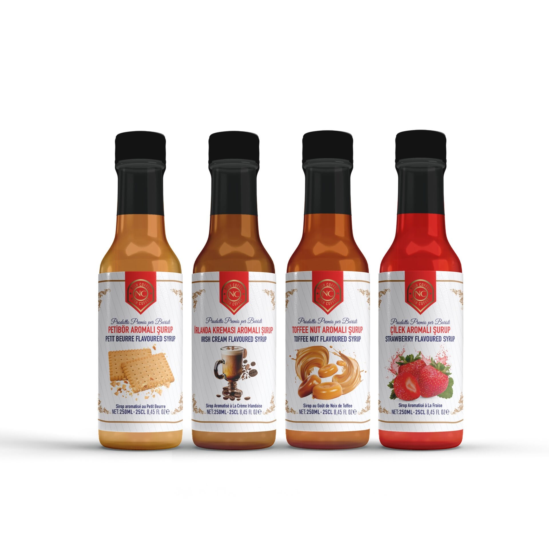 Nish Petibör, Irish Cream, Toffee Nut, Çilek Aromalı Şurup 4'lü set (4x250 ML) - Pet Şişe