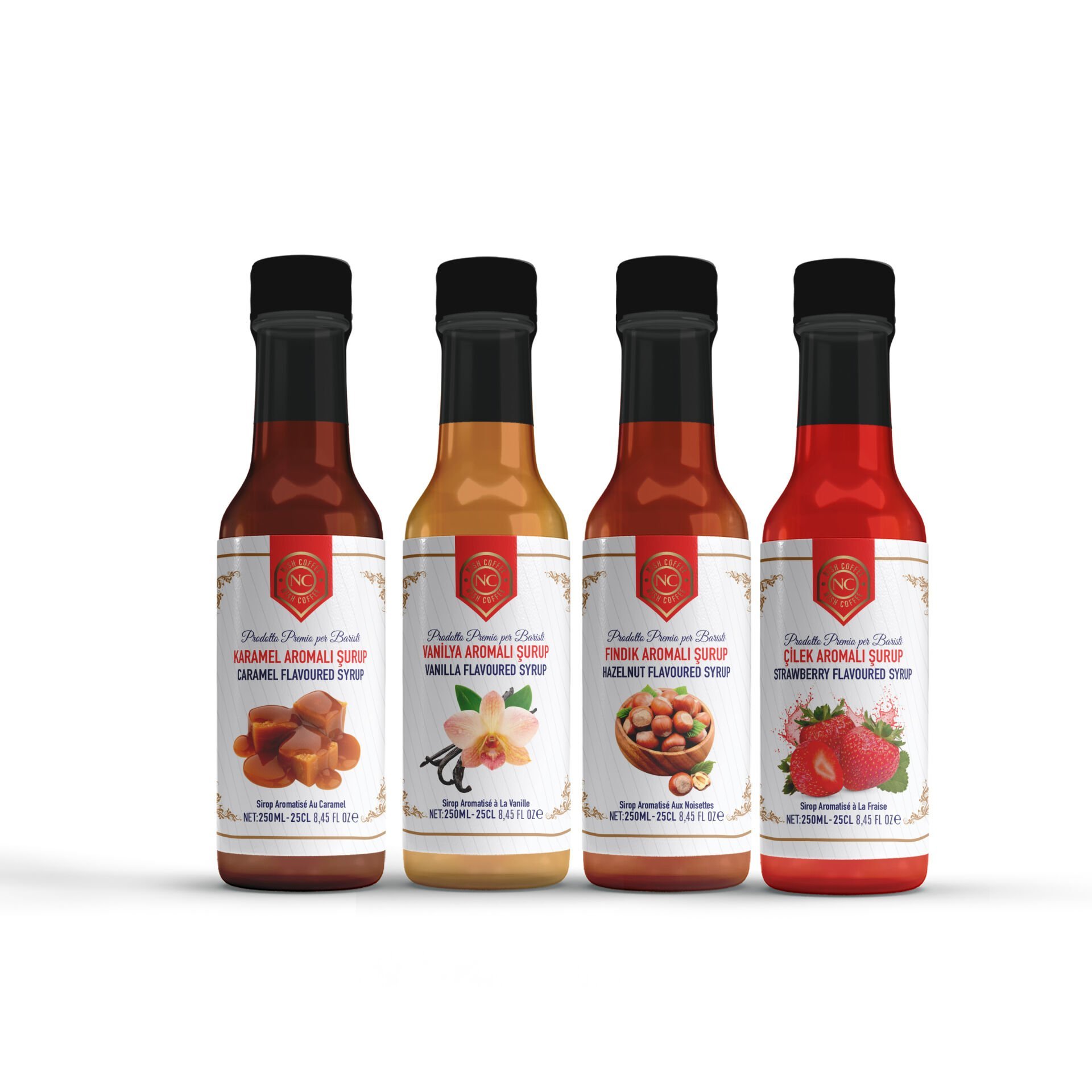 Nish Karamel, Vanilya, Fındık, Çilek Aromalı Şurup 4'lü set (4x250 ML) - Pet şişe