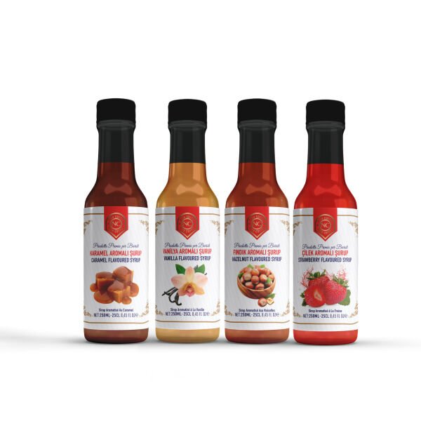 Nish Karamel, Vanilya, Fındık, Çilek Aromalı Şurup 4'lü set (4x250 ML) - Pet şişe