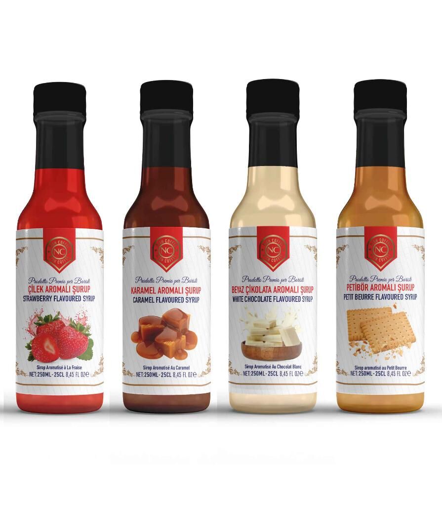 Nish Çilek, Karamel, Beyaz Çikolata, Petibör Aromalı Şurup 4'lü Set  (4x250 ML) - Pet Şişe
