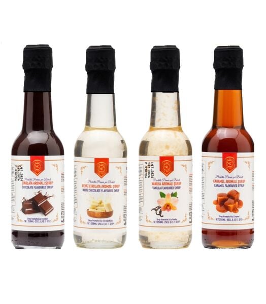 Nish Karamel, Vanilya, Çikolata, Beyaz Çikolata Aromalı Şurup 4'lü Set (4x250 ML) - Pet Şişe