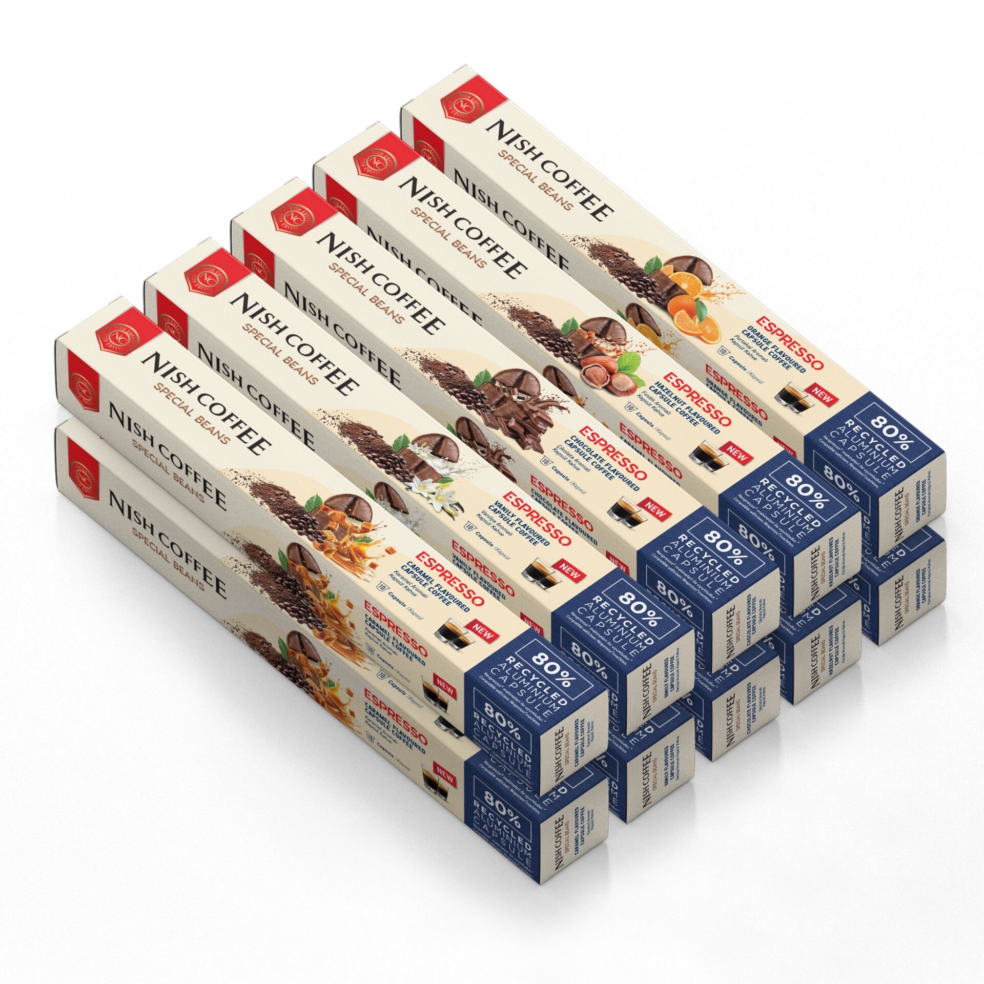 Nish Coffee Aromalı Kapsül Kahve 10'lu Set (2xKaramel-2xVanilya-2xÇikolata-2xFındık-2xPortakal)  - 100 Adet