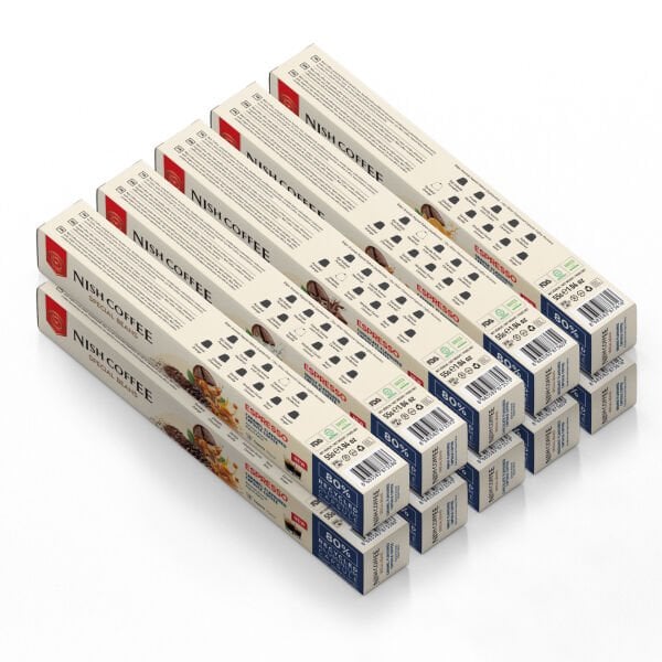 Nish Coffee Aromalı Kapsül Kahve 10'lu Set (2xKaramel-2xVanilya-2xÇikolata-2xFındık-2xPortakal)  - 100 Adet