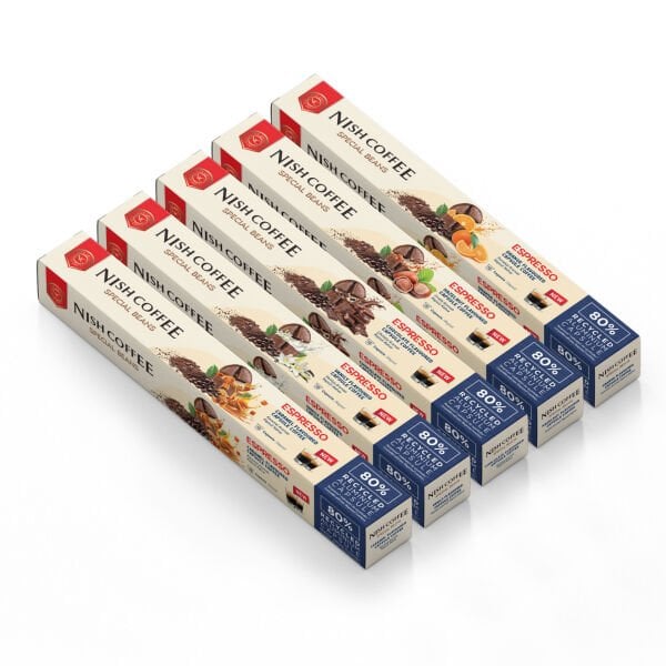 Nish Coffee Aromalı Kapsül Kahve 5'li Set (Karamel-Vanilya-Çikolata-Fındık-Portakal) - 50 Adet