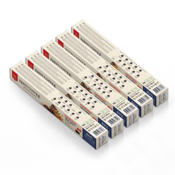 Nish Coffee Aromalı Kapsül Kahve 5'li Set (Karamel-Vanilya-Çikolata-Fındık-Portakal) - 50 Adet