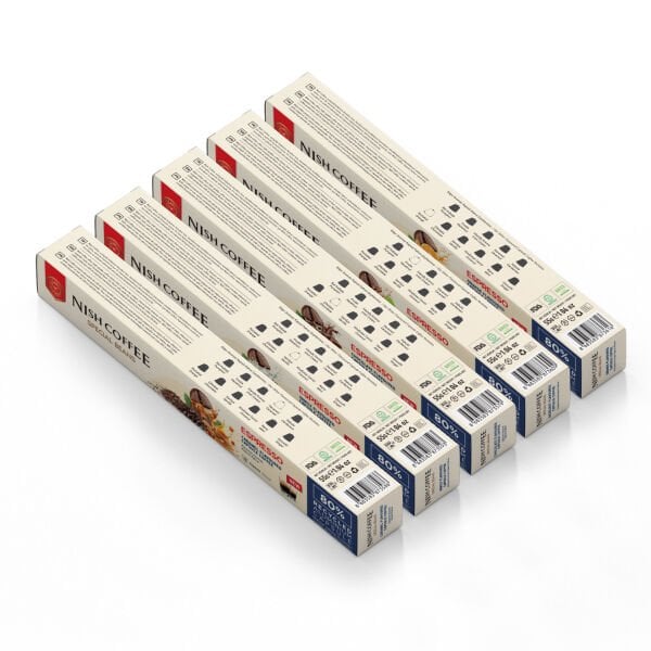 Nish Coffee Aromalı Kapsül Kahve 5'li Set (Karamel-Vanilya-Çikolata-Fındık-Portakal) - 50 Adet