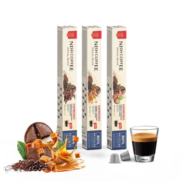 Nish Coffee Aromalı Kapsül Kahve 3'lü Set (Karamel-Çikolata-Fındık) - 30 Adet