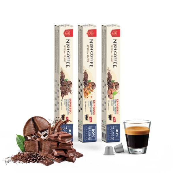 Nish Coffee Aromalı Kapsül Kahve 3'lü Set (Karamel-Çikolata-Fındık) - 30 Adet