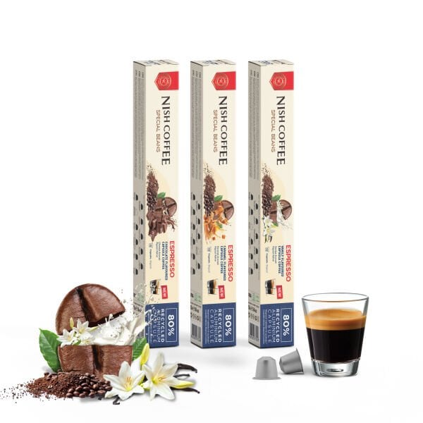 Nish Coffee Aromalı Kapsül Kahve 3'lü Set (Karamel-Vanilya-Çikolata) - 30 Adet