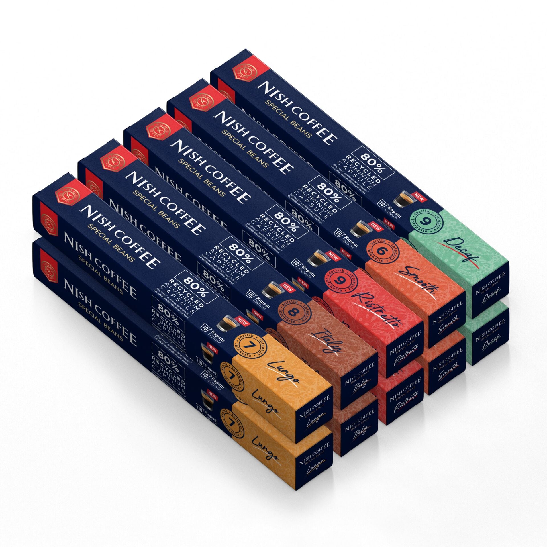 Nish Coffee Nespresso Uyumlu Kapsül Kahve 10'lu Set (2xLungo,2xItaly,2xRisteretto,2xSmooth,2xDecaf)-100 Adet