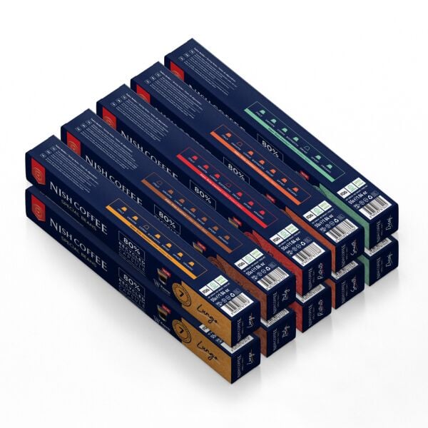 Nish Coffee Nespresso Uyumlu Kapsül Kahve 10'lu Set (2xLungo,2xItaly,2xRisteretto,2xSmooth,2xDecaf)-100 Adet