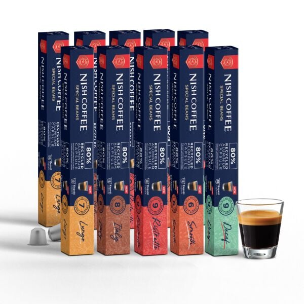 Nish Coffee Nespresso Uyumlu Kapsül Kahve 10'lu Set (2xLungo,2xItaly,2xRisteretto,2xSmooth,2xDecaf)-100 Adet