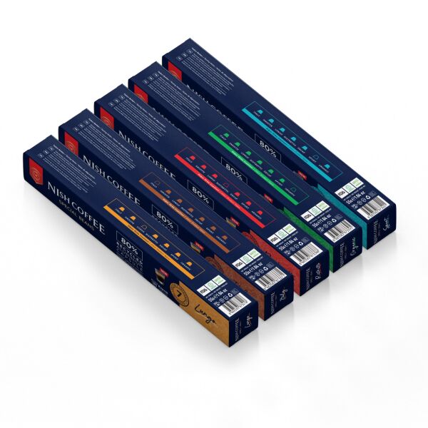 Nish Coffee Nespresso Uyumlu Kapsül Kahve 5'li Set (Lungo,Italy,Risteretto,Sport, Organik)-50 Adet