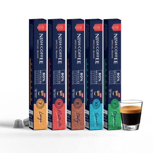 Nish Coffee Nespresso Uyumlu Kapsül Kahve 5'li Set (Lungo,Italy,Risteretto,Sport, Organik)-50 Adet