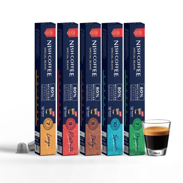 Nish Coffee Nespresso Uyumlu Kapsül Kahve 5'li Set (Lungo,Italy,Risteretto,Sport, Organik)-50 Adet