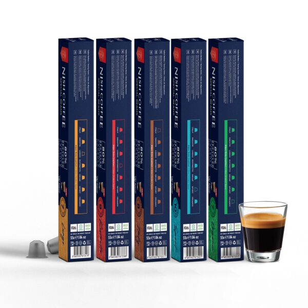 Nish Coffee Nespresso Uyumlu Kapsül Kahve 5'li Set (Lungo,Italy,Risteretto,Sport, Organik)-50 Adet