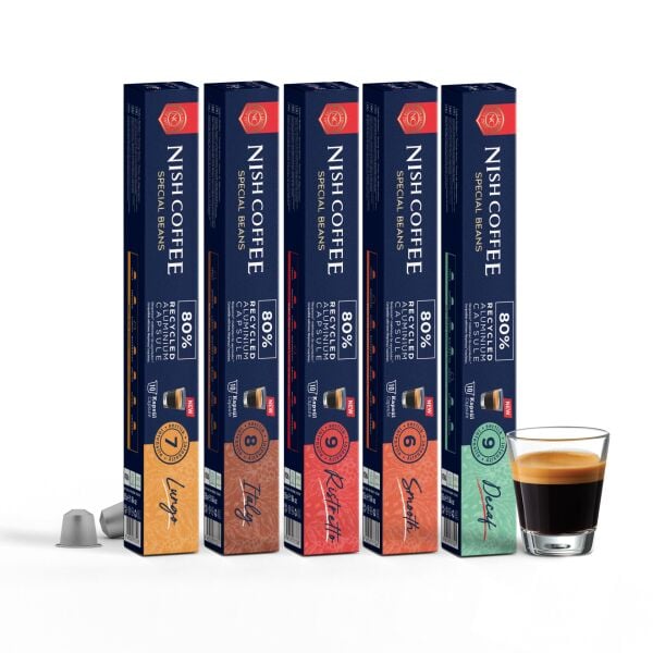 Nish Coffee Nespresso Uyumlu Kapsül Kahve 5'li Set (Lungo,Italy,Risteretto,Smooth,Decaf)-50 Adet