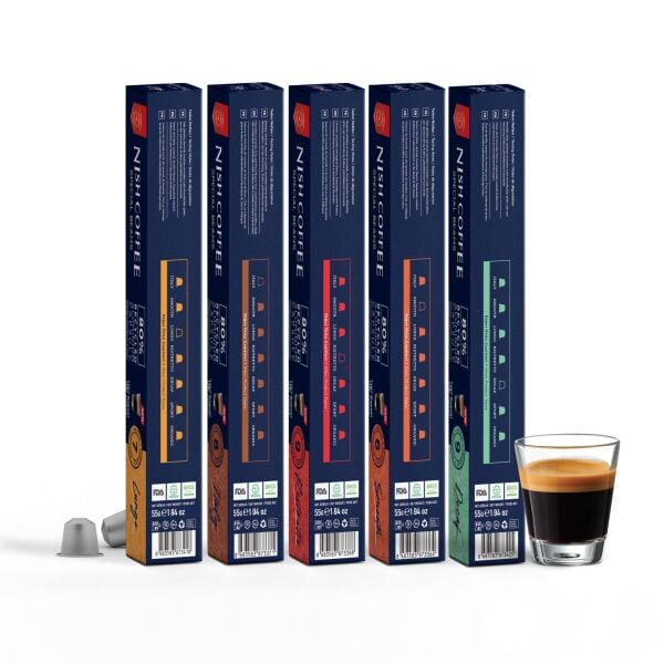 Nish Coffee Nespresso Uyumlu Kapsül Kahve 5'li Set (Lungo,Italy,Risteretto,Smooth,Decaf)-50 Adet